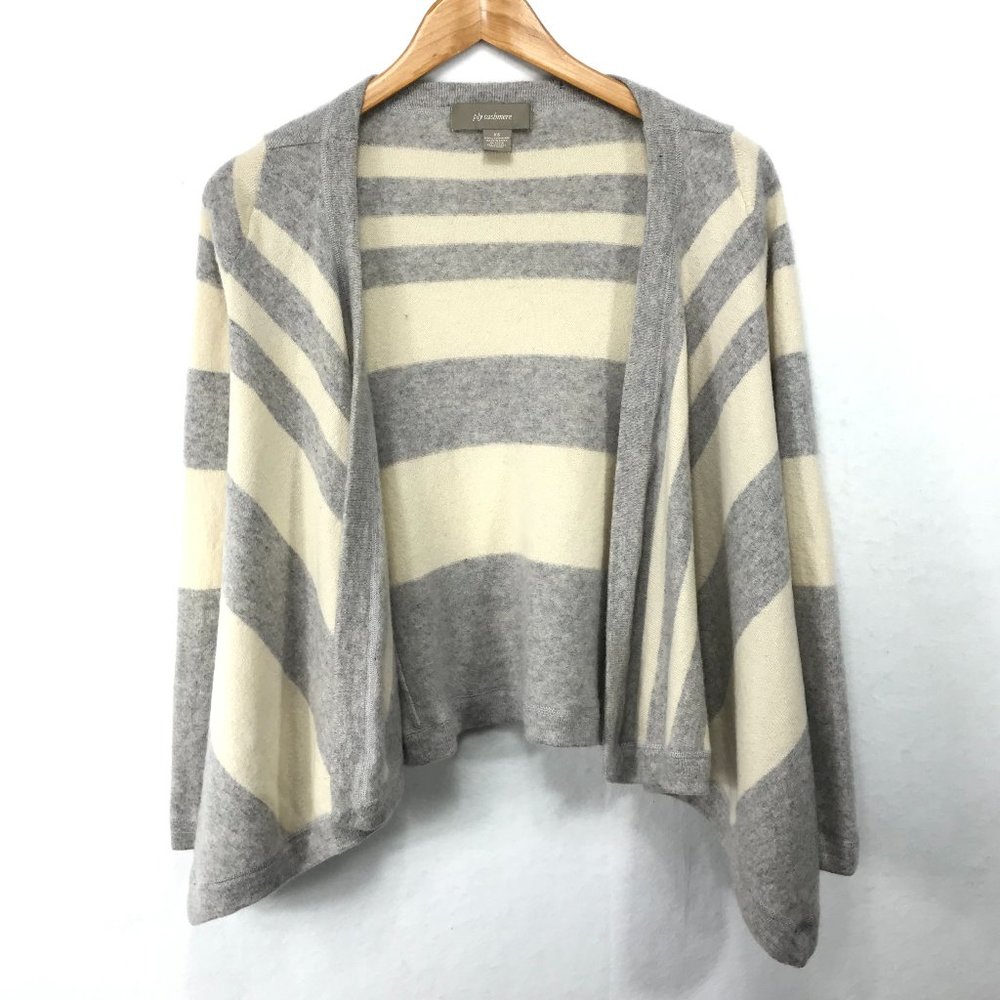 Ply 100% Cashmere Open Cardigan XS Gray Off White Open Striped Sweater Waterfall